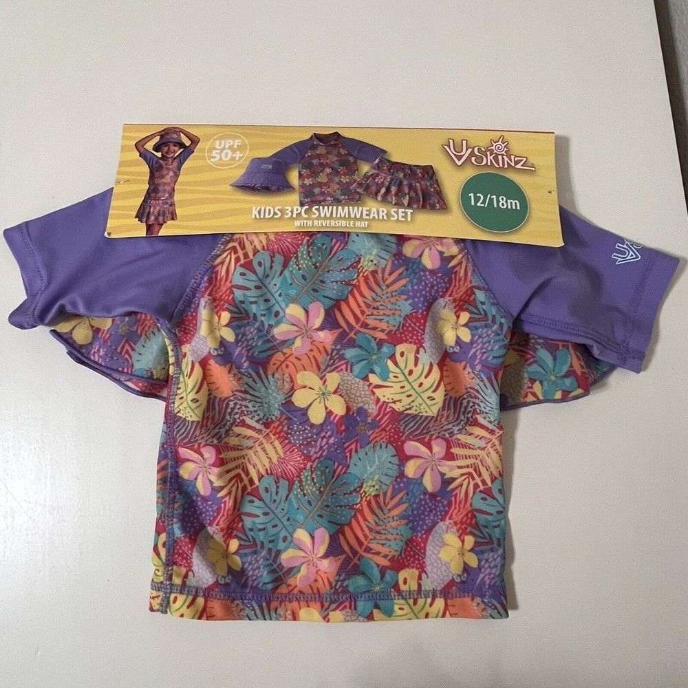 UV Skinz Kids 3 Pc Swimwear Set Hat Rashguard Top and Swim Skirt 12-18 M NWT